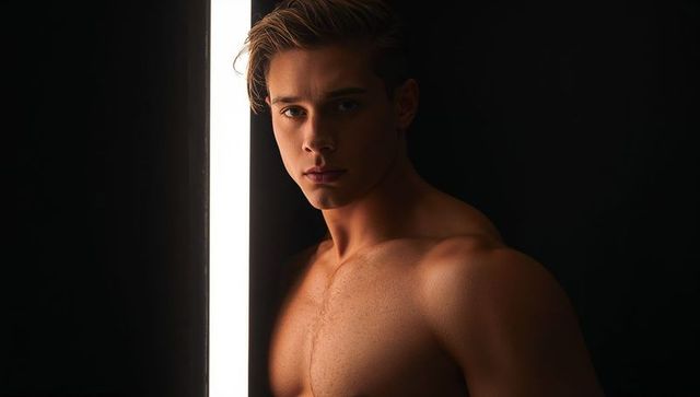 Shirtless young male model posing with led light strip dramatic high-contrast portrait