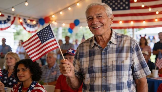 Senior man smiling and waving american flag at patriotic community celebration under tent