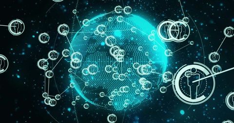 Futuristic digital globe with connected human icons in cyberspace