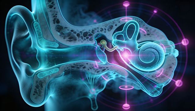 Translucent 3d cross-section human ear showing cochlea, ossicles and neon auditory rings