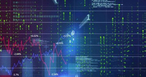 Neon finance analytics dashboard streaming binary code with volatile line charts