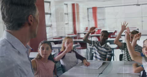 Diverse Classroom with Digital Data Animation Overlay