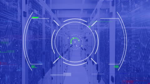Digital Data Processing Animation Overlay on Server Room