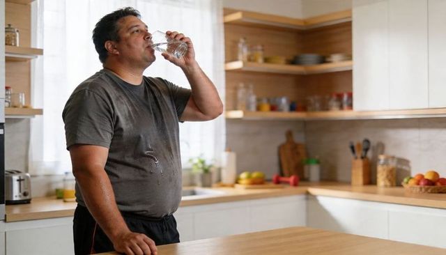 Overweight man drinking water after workout in modern kitchen wearing wet grey tee during morning