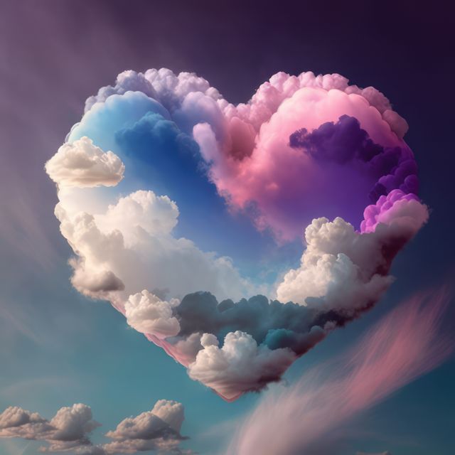 Heart shaped rainbow clouds in blue sky, created using generative ai technology. Heart, cloud, nature and love concept digitally generated image.