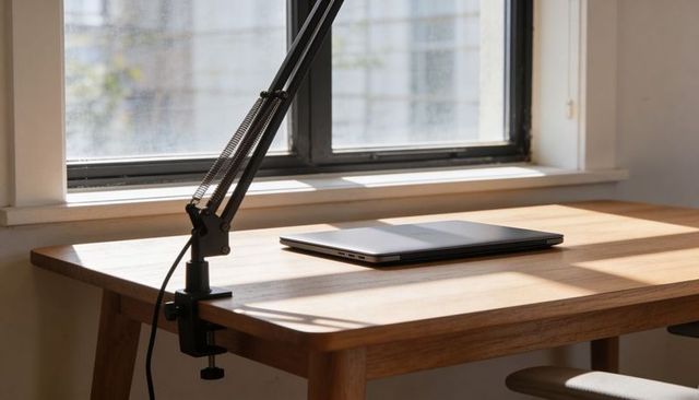 Sunlit minimalist workspace showing closed laptop on wooden desk with adjustable lamp