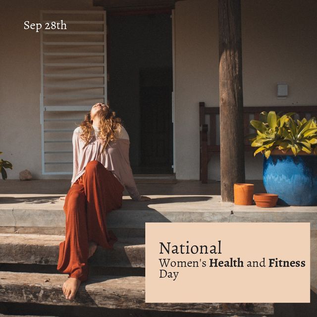 National women's health and fitness day text banner over caucasian woman sitting on the porch. National women's health and fitness day awareness concept