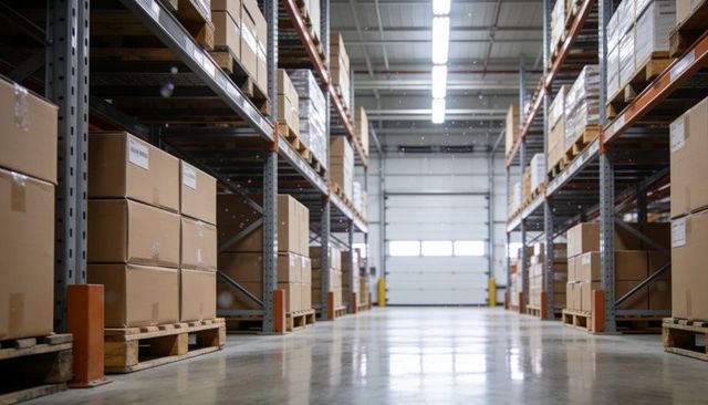 Wide central aisle in modern warehouse with stacked cardboard boxes on pallet racks