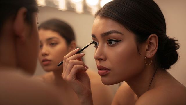 Young woman applying winged eyeliner at lighted vanity mirror closeup glamour beauty