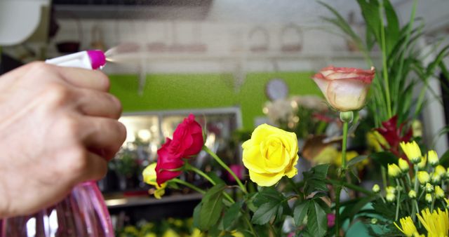 Florist sprays water on vibrant roses in a flower shop. Useful for themes related to floristry, gardening, plant care, and floral maintenance. Ideal for blogs, websites, and advertisements focusing on flowers, plant care tips, and floral business promotion.