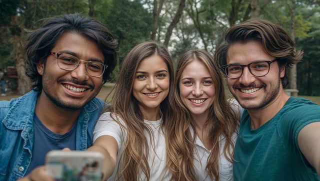 Diverse Friends Enjoying Selfie in Lush Park Setting