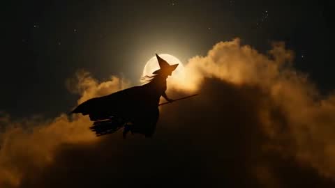 Silhouette of Witch Gliding Across Moonlit Sky on Broomstick