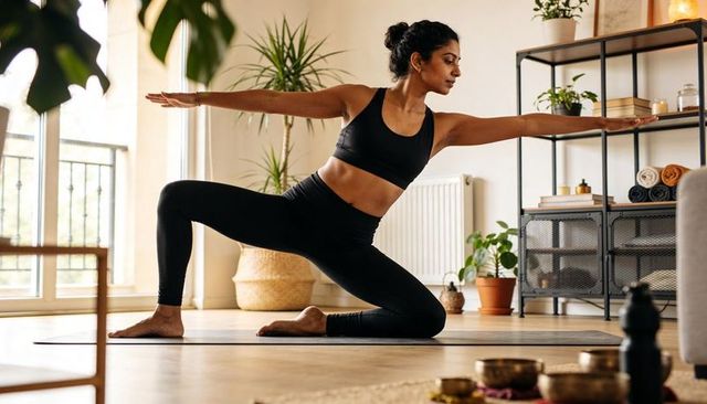 Indian woman practicing kneeling warrior-style yoga pose in sunlit living room for home fitness
