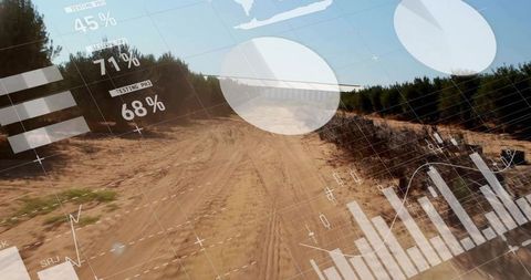 Overlaying ar data on sandy off-road forest track with tire tracks, charts and percentages