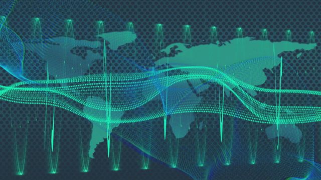 This video features a digital representation of data processing over a world map with light trails. Great for articles on global finance, digital technology, business trends, network security, and data visualization. Ideal for use in presentations, websites, and marketing materials related to technology and innovation.