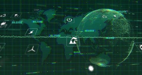 Glowing Pixelated 3D Globe Displaying Telemetry Grid with Neon Waveform and Interface Icons