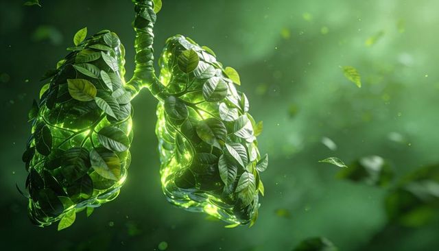 Leaf lungs glowing neon green representing clean air sustainability and biophilic health