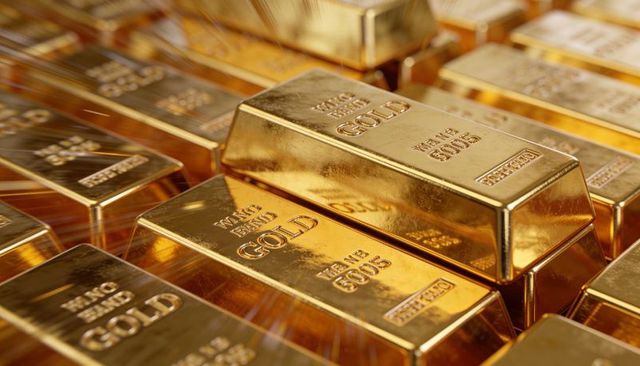 Shining gold bullion bars closeup on reflective surface with purity stamps for investment