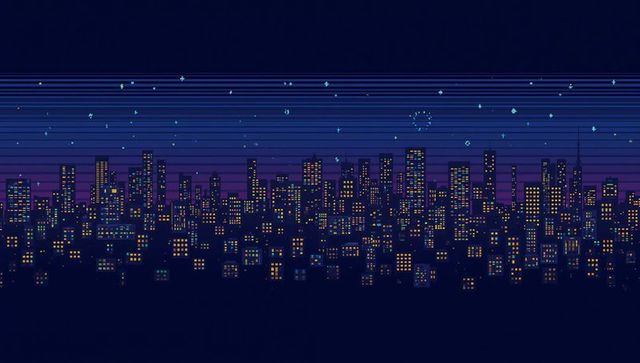 Pixel skyline glowing under retro night sky with streaked stars and lit windows