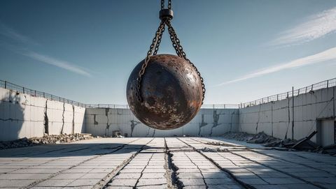 Rusty wrecking ball in abandoned demolition site