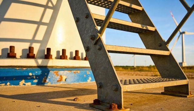 Highlighting galvanized steel access stairs revealing rusted bolts at wind turbine base