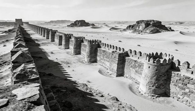 Crenellated fortress wall stretching across windswept desert with round bastions and dunes