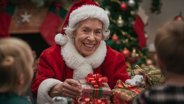 Mrs. Claus Giving Gifts Creating Warm Festive Atmosphere