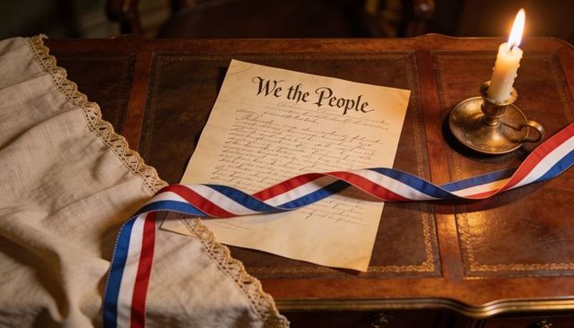 We the people parchment on antique desk with brass candle and patriotic ribbon