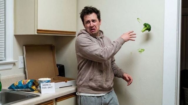 Man tossing broccoli midair in kitchen grimacing at 'sadness food only' pizza and chips mess