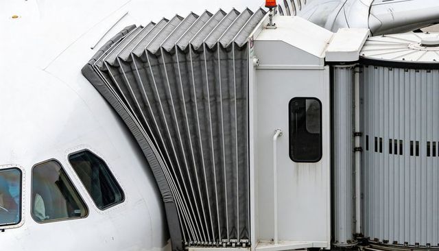 Jet bridge bellows connecting to aircraft nose at gate closeup showing docking interface