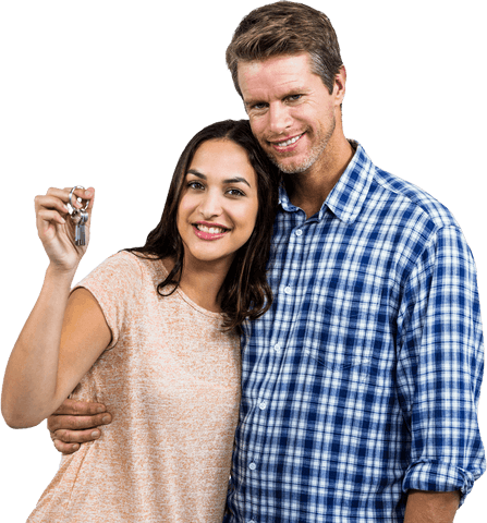 Smiling couple holding keys on transparent background