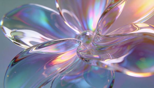 Shimmering iridescent glass flower reflecting and refracting rainbow light macro