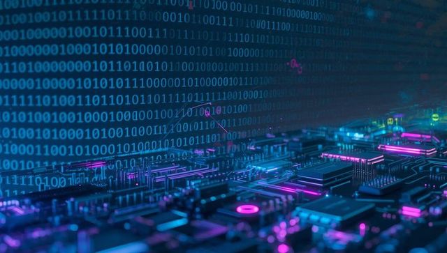 Neon circuit board with binary code in futuristic tech realm