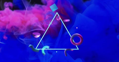 Abstract Geometric Shapes with Colorful Smoke on Vivid Blue Background