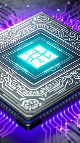 Pulsing Processor Chip Powering Cyan Core with Glowing Purple Traces — Vertical Tech Loop
