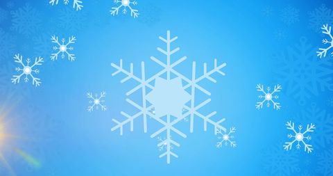 Charming snowflake graphic on ice blue background with light flares
