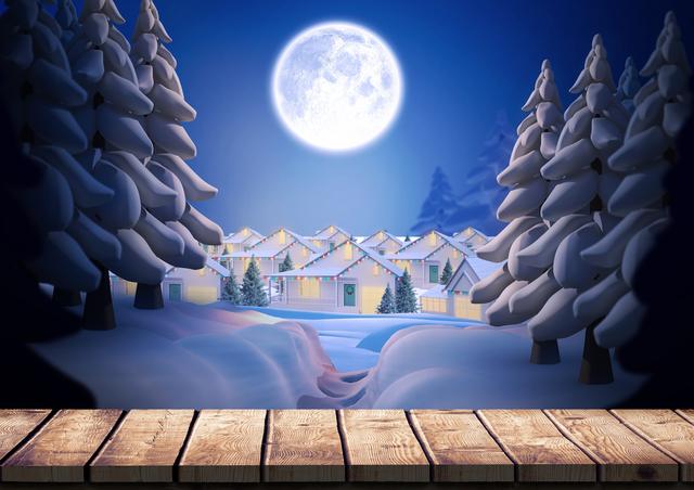 Wooden plank in foreground with snowy trees and houses under full moon in background. Ideal for holiday season promotions, winter-themed advertisements, and festive greeting cards.