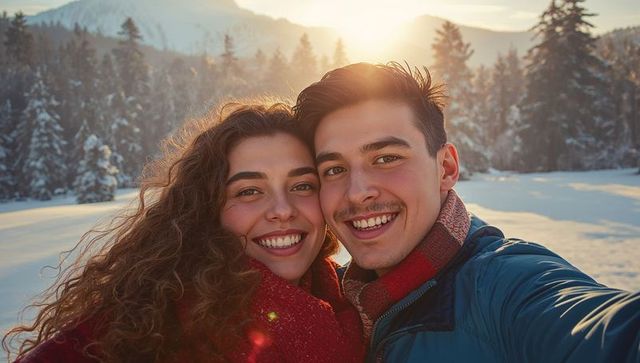 Happy Couple Enjoying Winter Adventure in Snow-Covered Clearing