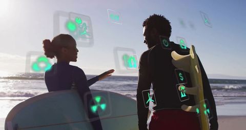 Surfers Discussing Ocean Strategies with Technology Overlay