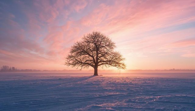 Solitary Oak Capturing Pastel Sunrise Over Snow-Covered Field