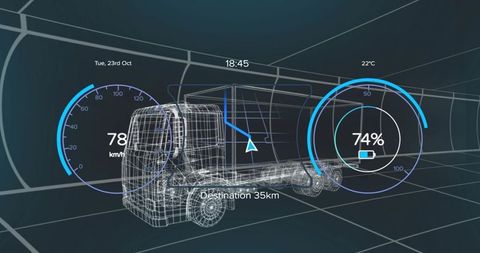 Futuristic wireframe truck model with digital interface and gauges