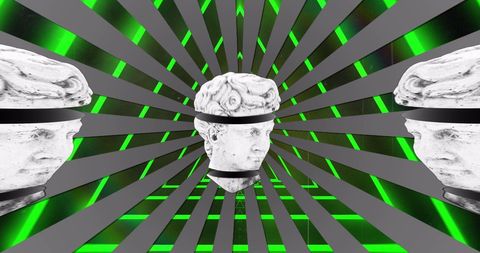 Antique Marble Heads Over Neon Fractal Tunnel
