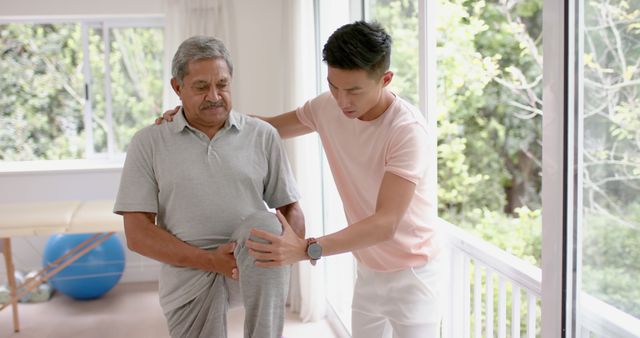 Senior man actively participating in a physiotherapy session at home with a young, supportive trainer. Ideal for themes related to elder care, home healthcare, physical therapy, rehabilitation, and wellness programs. Useful for illustrating fitness training for seniors, promoting healthcare services, and educational materials on elderly exercise routines.