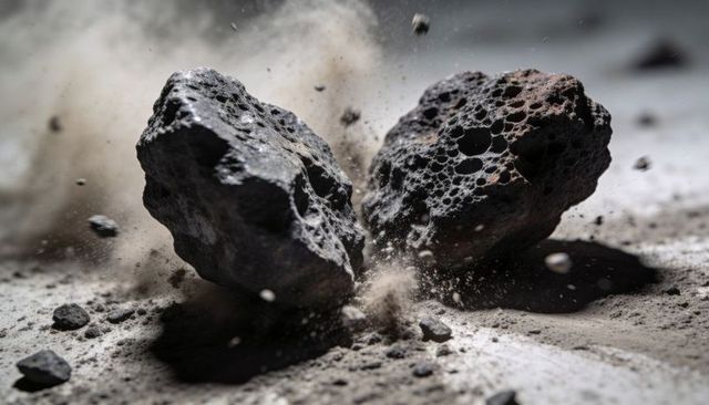 Colliding porous volcanic rocks kicking up dust and fragments macro texture impact dramatic