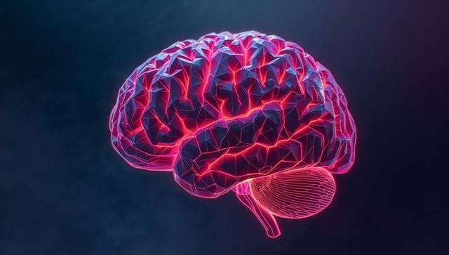 Neon wireframe brain depicting futuristic technology concept