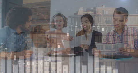 Diverse Business Team Analyzing Financial Data with Cityscape Overlay