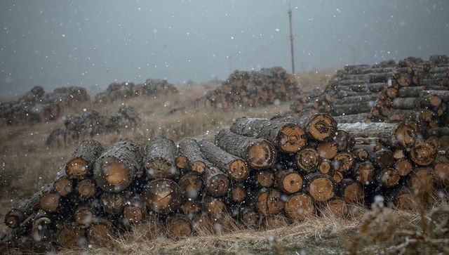 Snowfall over stacked logs in rural lumberyard showing timber rings and rustic texture