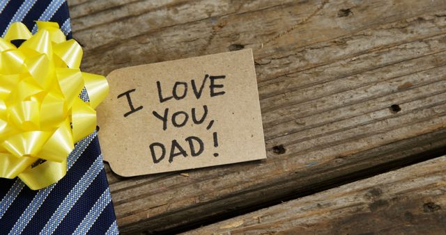 A heartfelt message on a small card reads I LOVE YOU, DAD! next to a blue tie and a yellow ribbon on a rustic wooden background, with copy space. It captures a moment of affection, for a Father's Day celebration or a birthday.