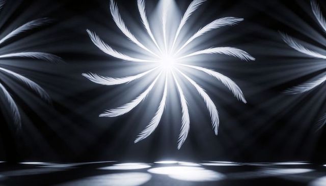Spiral feather spotlight on reflective stage with radial light rays and mist monochrome
