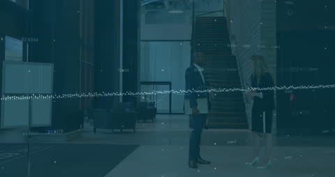 Diverse Professionals Discussing Business in Modern Office with Data Overlay